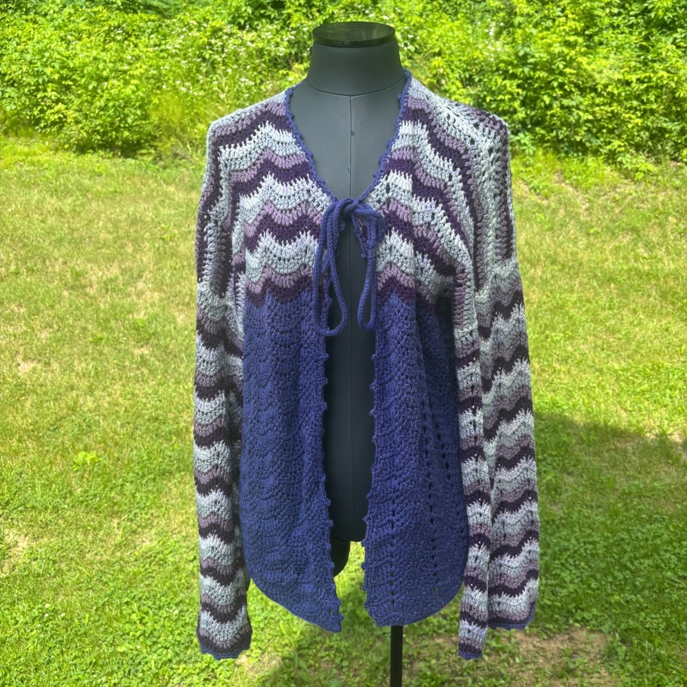 Women's XL Handmade Crochet Ripple Cardigan Purple Grey Tie Front Boho Sweater